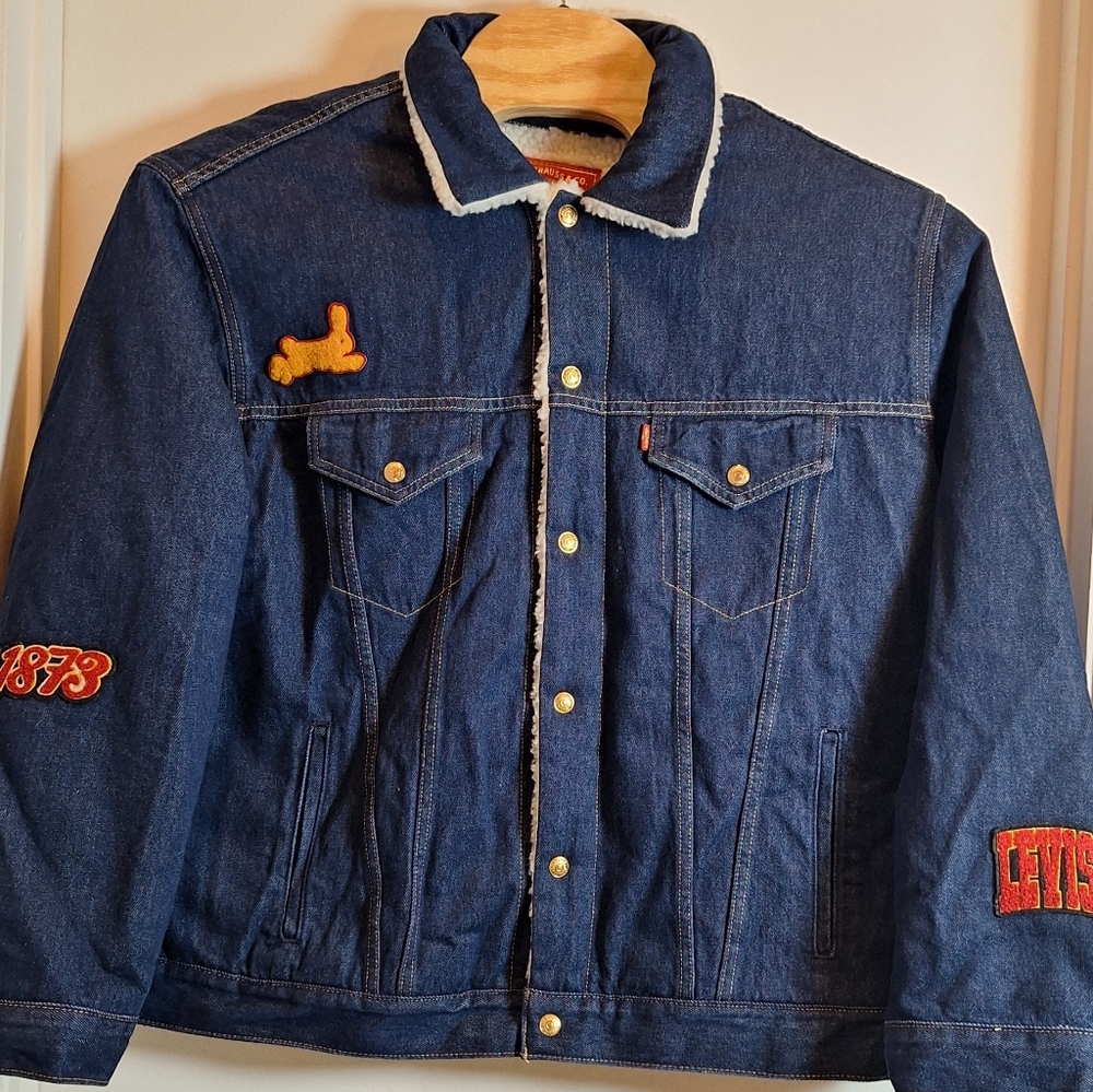 Levi's Blue Denim Jacket with Red & Gold Patch Accents